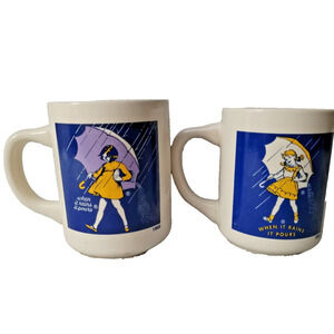 Set 2 Vintage 1956 1968 Morton Salt Umbrella Girl Coffee Mugs When it Rains